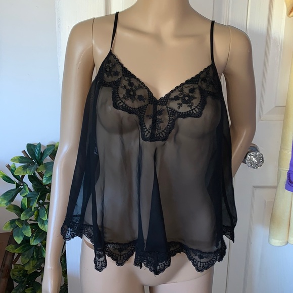 Black sheer chiffon Lacey cami lingerie top L XL - Picture 6 of 7